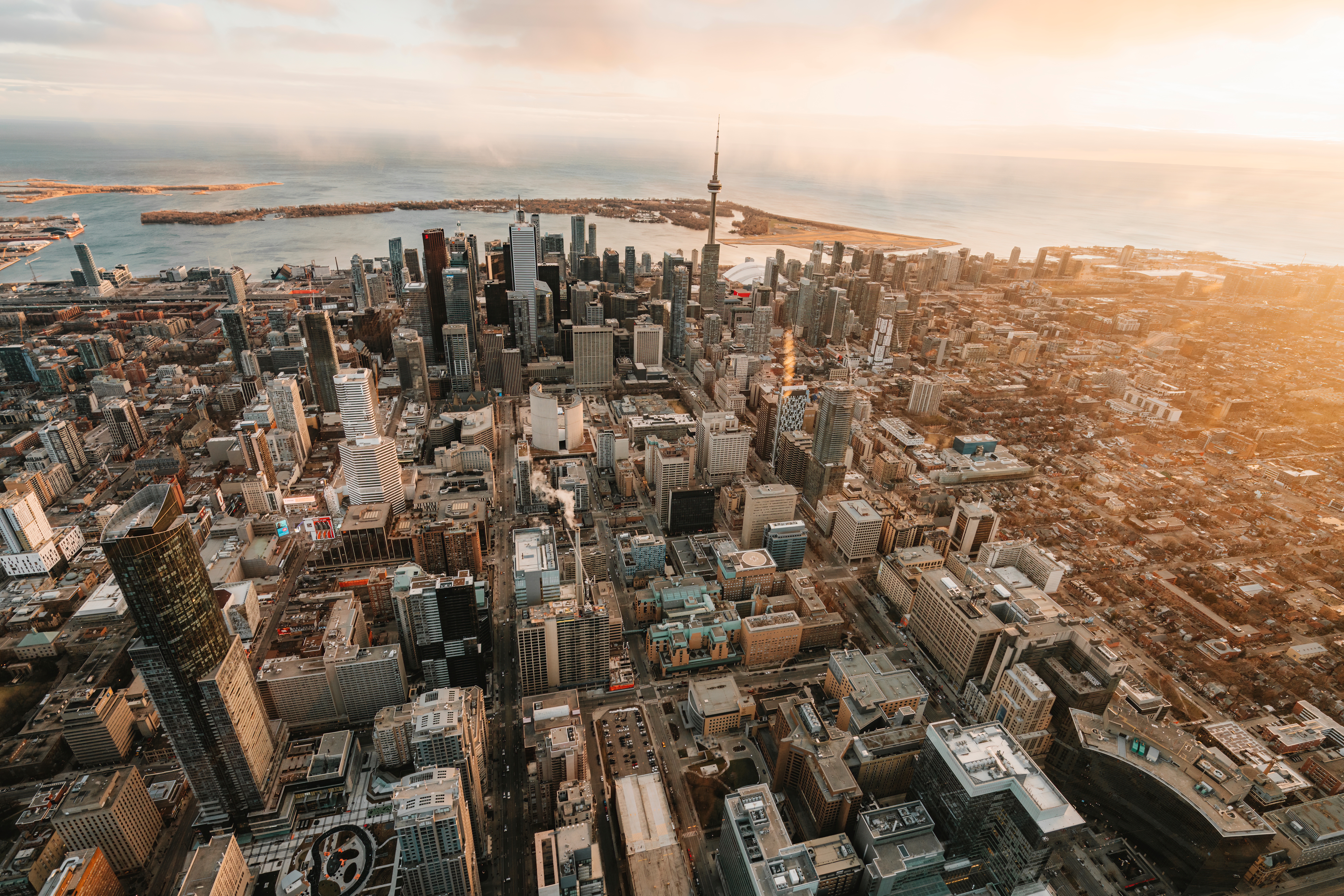 Helicopter shot of Toronto's skyline as seen from Univeristy Avenue.